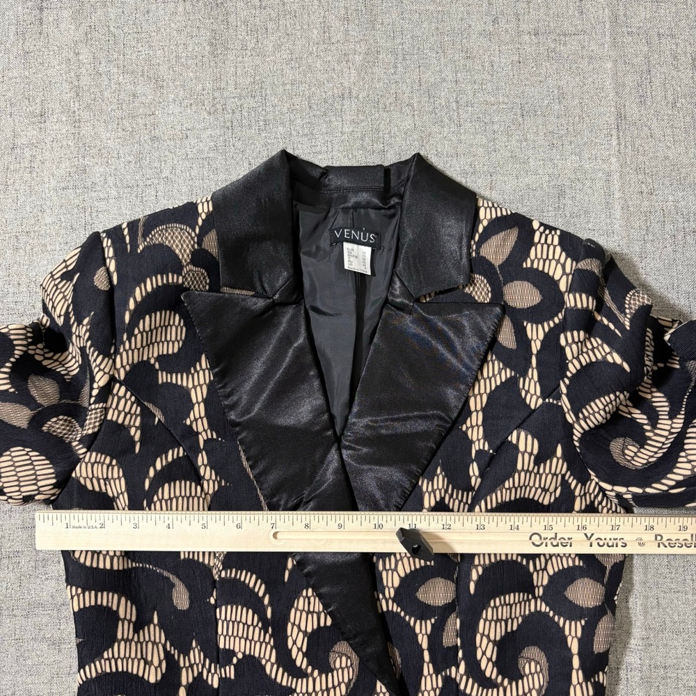 Venus Women Brocade Blazer Jacket 4 Black Tan Swirl Tuxedo Collar Jacquard - Picture 5 of 11